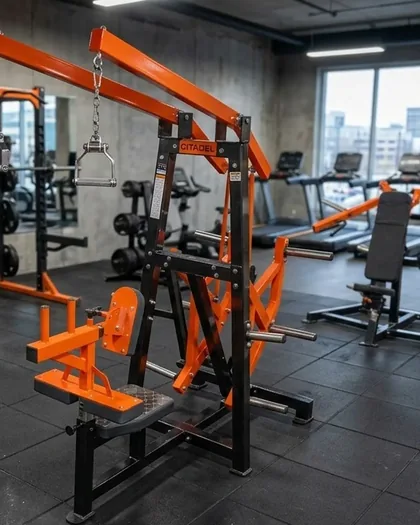 Citadel Strength Lat Pulldown in Citadel Orange and black on a gym floor.