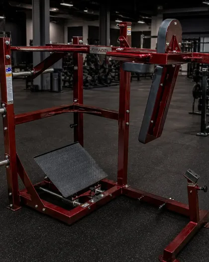 Citadel Strength Pendulum Squat in Aztec Red on a commercial gym floor.