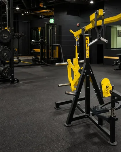 Citadel Strength Vertical Pulldown in Bumble Bee yellow and black on a gym floor.